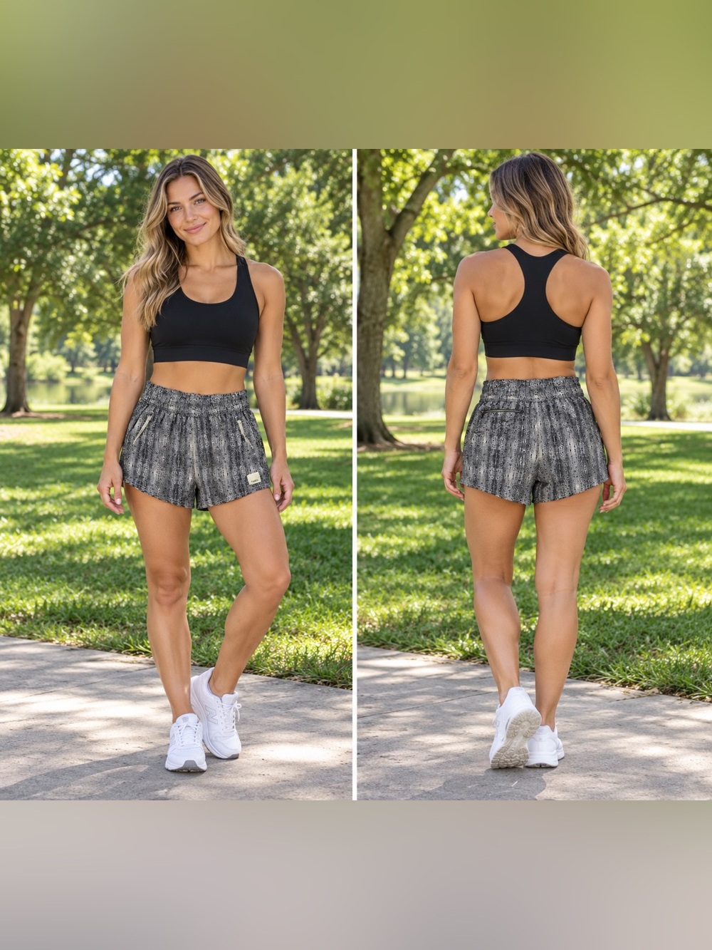 Vuori Women’s Printed Athletic Shorts Gray Black Zip Pockets Size S